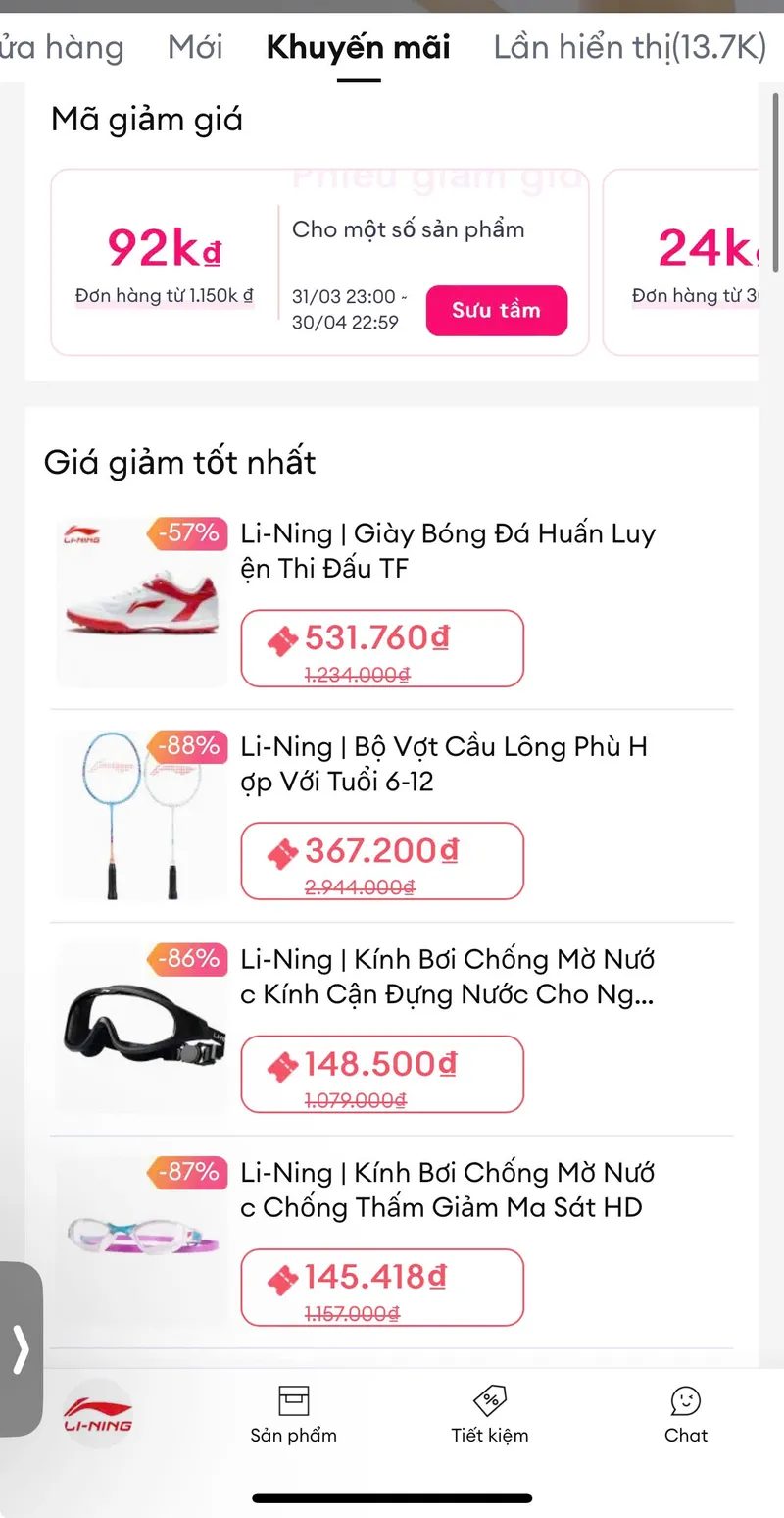 Lining sale nữa giá trên Lazada 