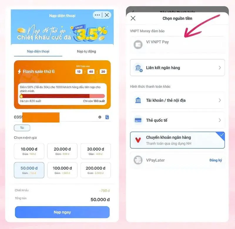 ⚡️ Chuẩn bị 10H có chương trình nạp điện thoại được giảm 50% trên app VNPT Money kìa Sếp ơi! => Nạp ...