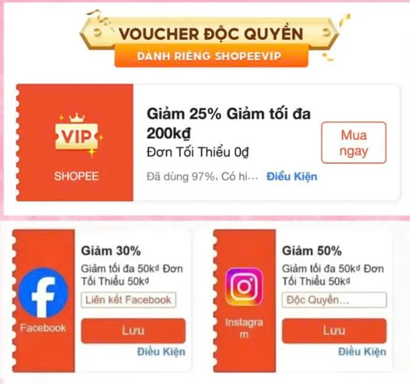 Khung 20H Shopee thêm lượt loạt mã 50% IG, 30% FB cùng 25% Shopeevip nè. Lên đơn ngay! 🔴 MÃ SHOPEEV...