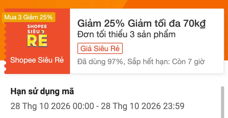 Mã 25% list áp dụng như mã 30%, Sếp chưa kịp săn mã 30% tối đa 100K lúc 12H thì múc luôn mã này đi L...