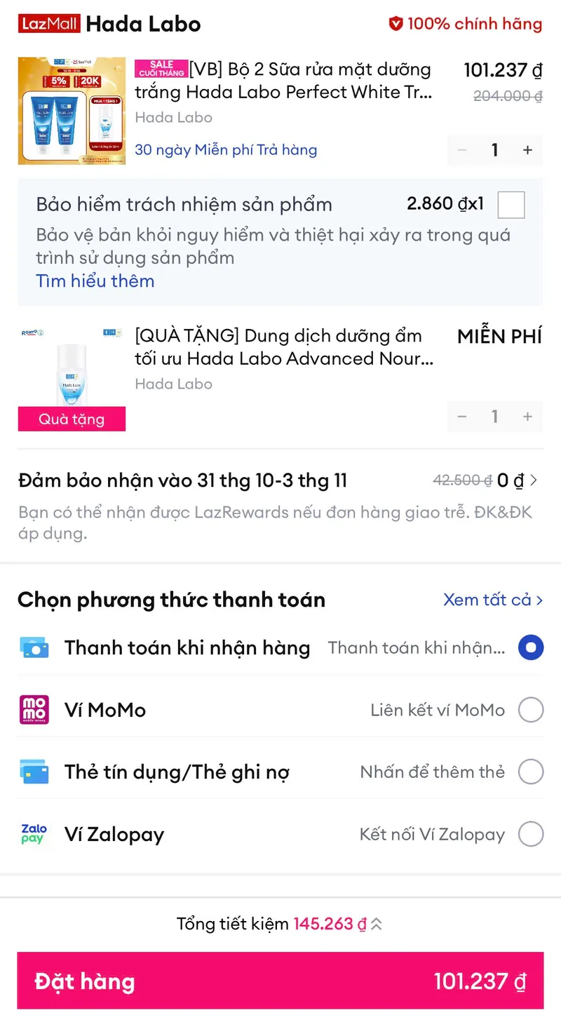 Combo 2 sữa rửa mặt Hada Labo tặng kèm dung dịch dưỡng ẩm chỉ còn 101k, tính ra chai chỉ có 50k thôi...
