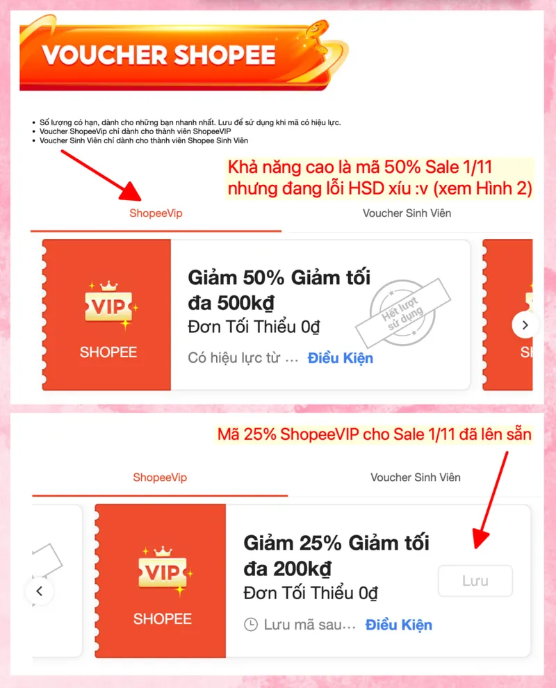 🔥NHÁ HÀNG CỰC MẠNH! Phát hiện MÃ 50% ShopeeVIP cho Sale 1.11 đã lên banner rồi kìa mấy sếp ơi, dzô ...