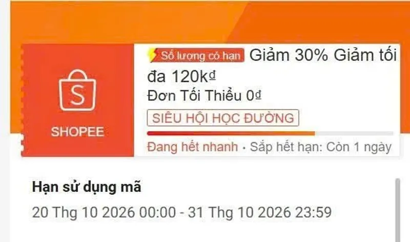💢 Mã Shopee giảm 30% tối đa 120K đơn 0Đ (Mã có lọc tài khoản) HSHANOIVCLPOCT120K Đừng quên trước kh...