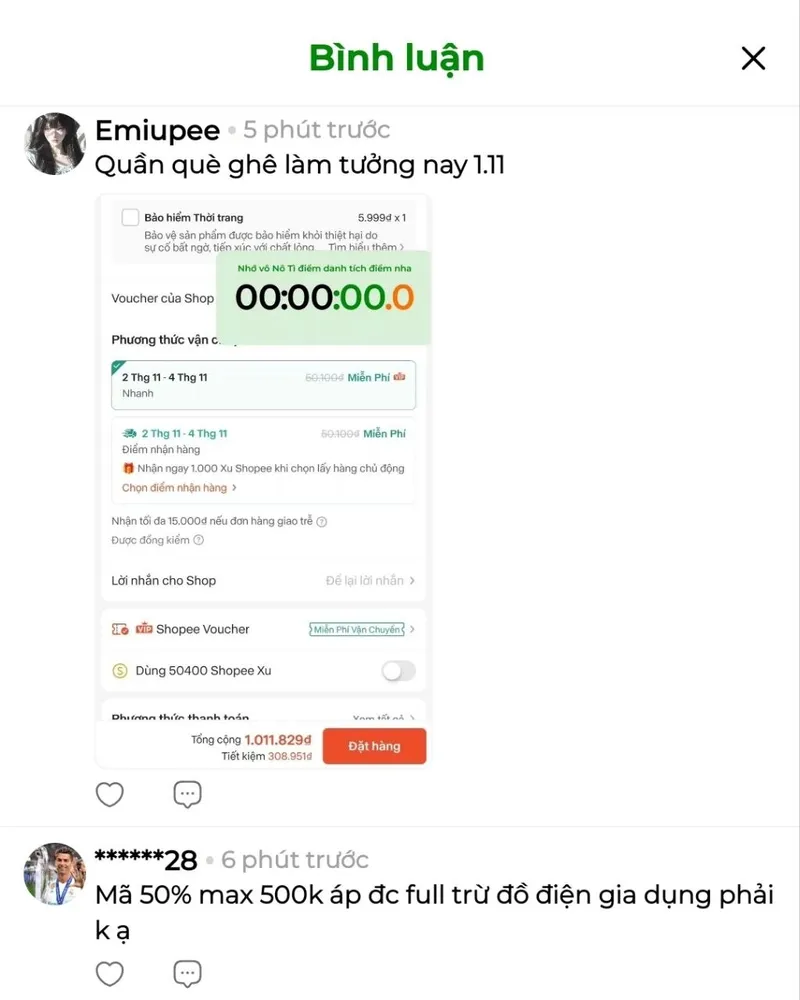 😂Phát hiện nhiều sếp tưởng nay là Sale 1.11, còn 23 tiếng đếm ngược nữa mới tới 0H Sale 1.11 để săn...