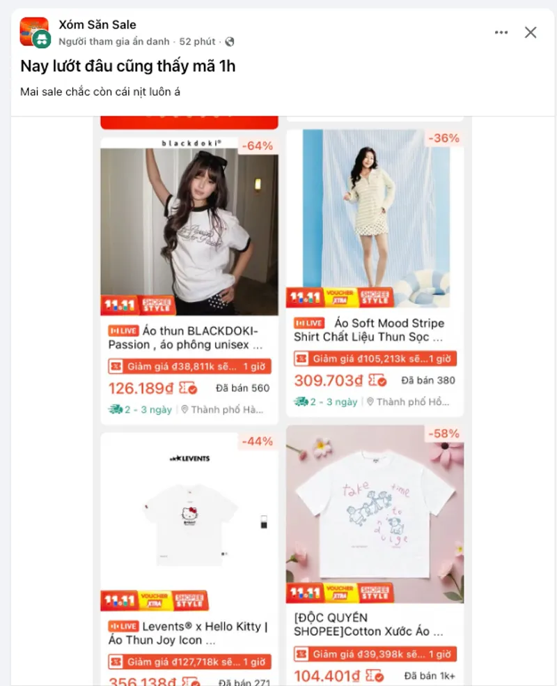 Mọi người báo là Shopee đang nhả mã 1H, mọi người vào xem các đơn cần mua có mã 1H thì múc lẹ kèm cá...