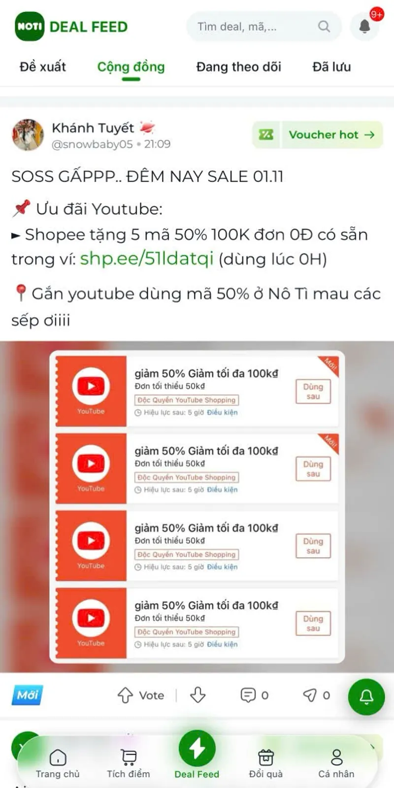 Sale 1/11 Shopee chơi trội thật sự, bình thường Chủ Nhật hàng tuần lên mã 50% Youtube trên banner, n... - 2